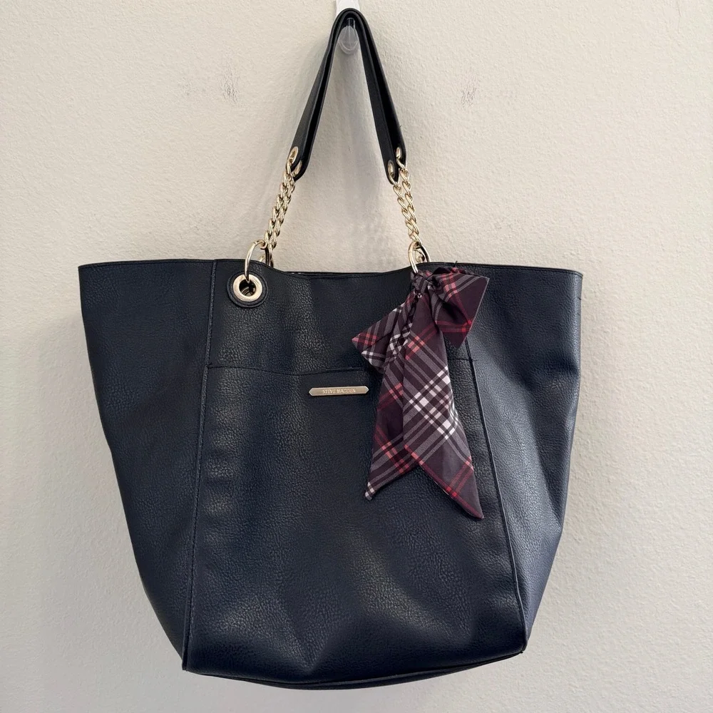 Steve Madden Black Faux Leather Tote Bag Gold Chain Straps Plaid Scarf Vegan